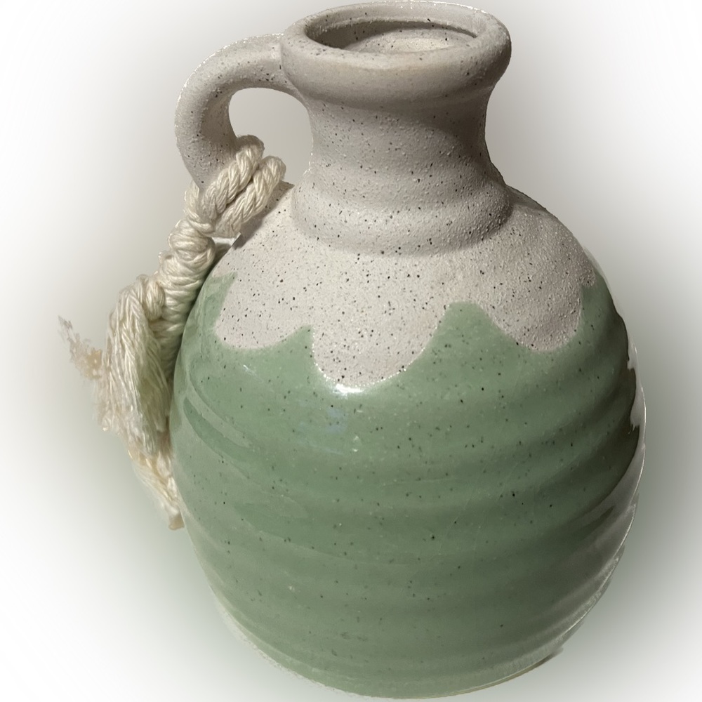 💥New Stoneware Vase Pitcher Jug Green Glazed Rope Handle 6” T x 5” D